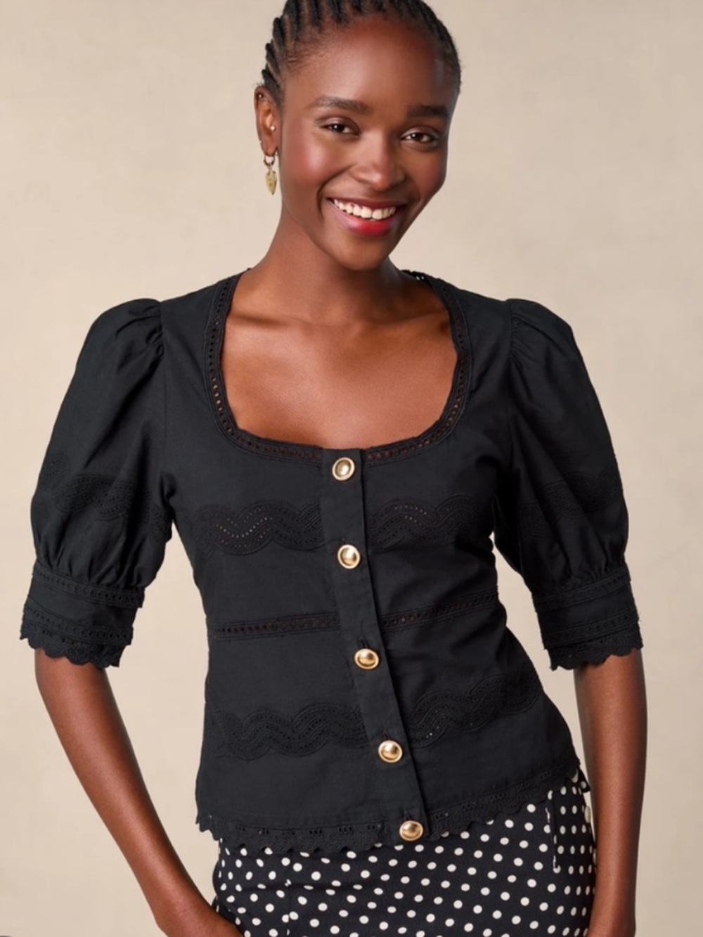 Rouje Blondine Top - Black w gold buttons